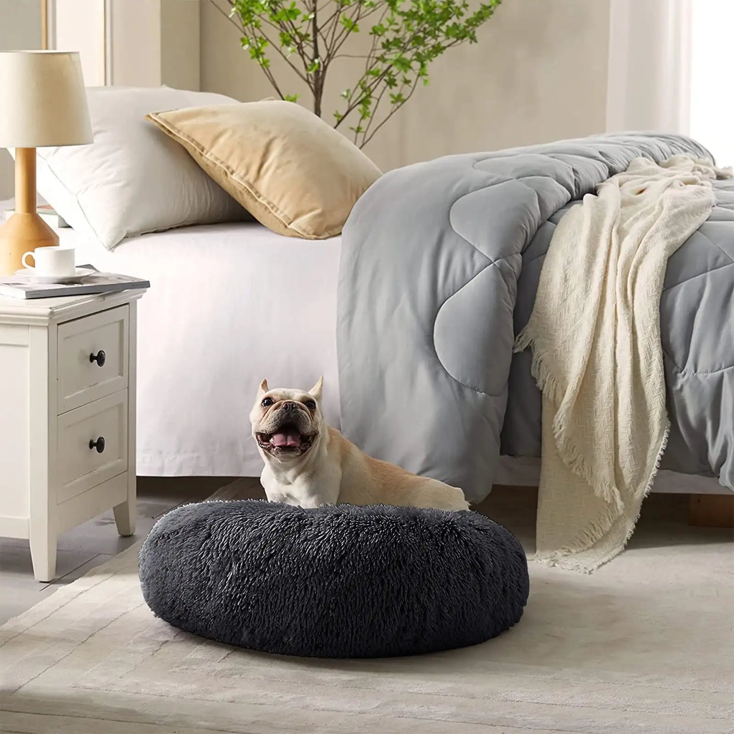 Calming Donut Dog Bed Anti-Anxiety, Self Warming, Cozy Soft Plush Round Pet Bed, Ideal for Both Home & Travel, 27"L x 27"W x 8"H