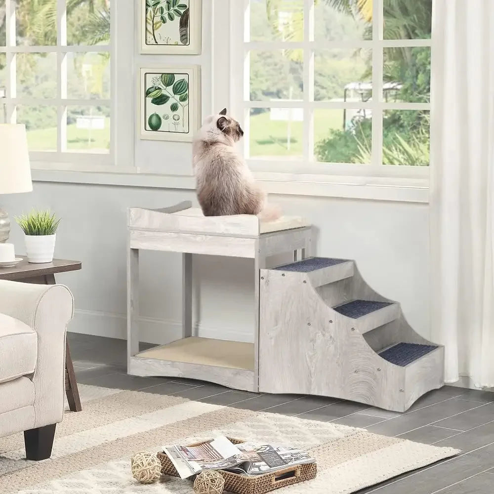 A Pet Bunk Bed with Removable Step for Dogs and Cats, MultiLevel Bed Window Perch Seat Platform with Cushion and Cat Scrat