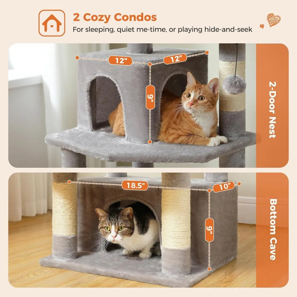 64.5-inch Cat Tree for Indoor Cats, Plush Multi-Level Cat Tower with 7 Scratching Posts, 2 Top Perches, 2 Cozy Condos, Large Met