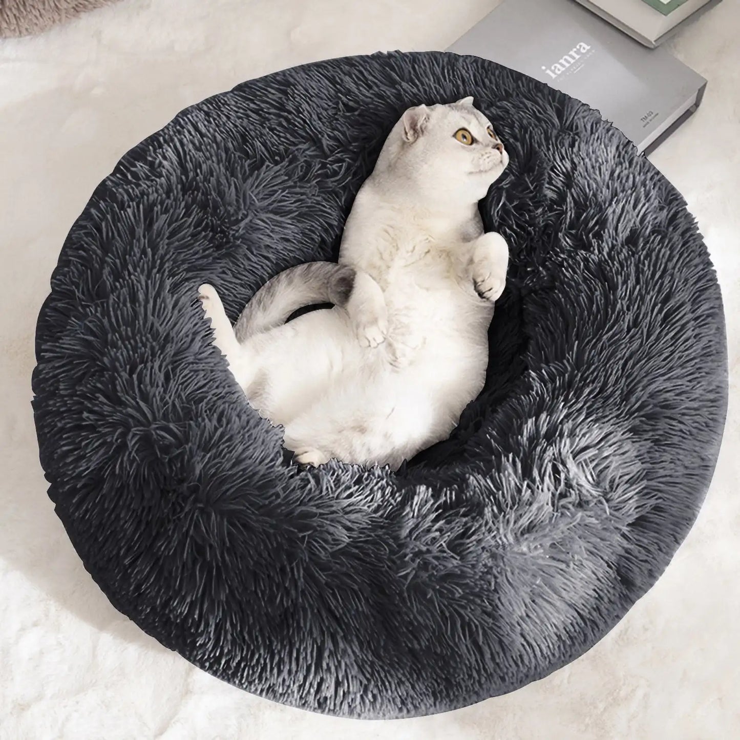 Calming Donut Dog Bed Anti-Anxiety, Self Warming, Cozy Soft Plush Round Pet Bed, Ideal for Both Home & Travel, 27"L x 27"W x 8"H