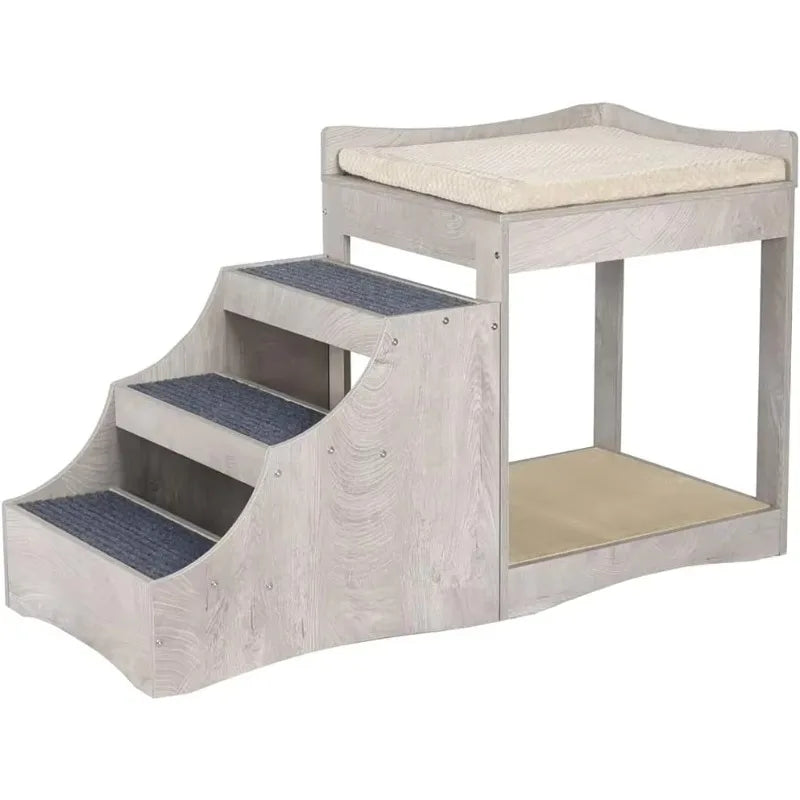 A Pet Bunk Bed with Removable Step for Dogs and Cats, MultiLevel Bed Window Perch Seat Platform with Cushion and Cat Scrat