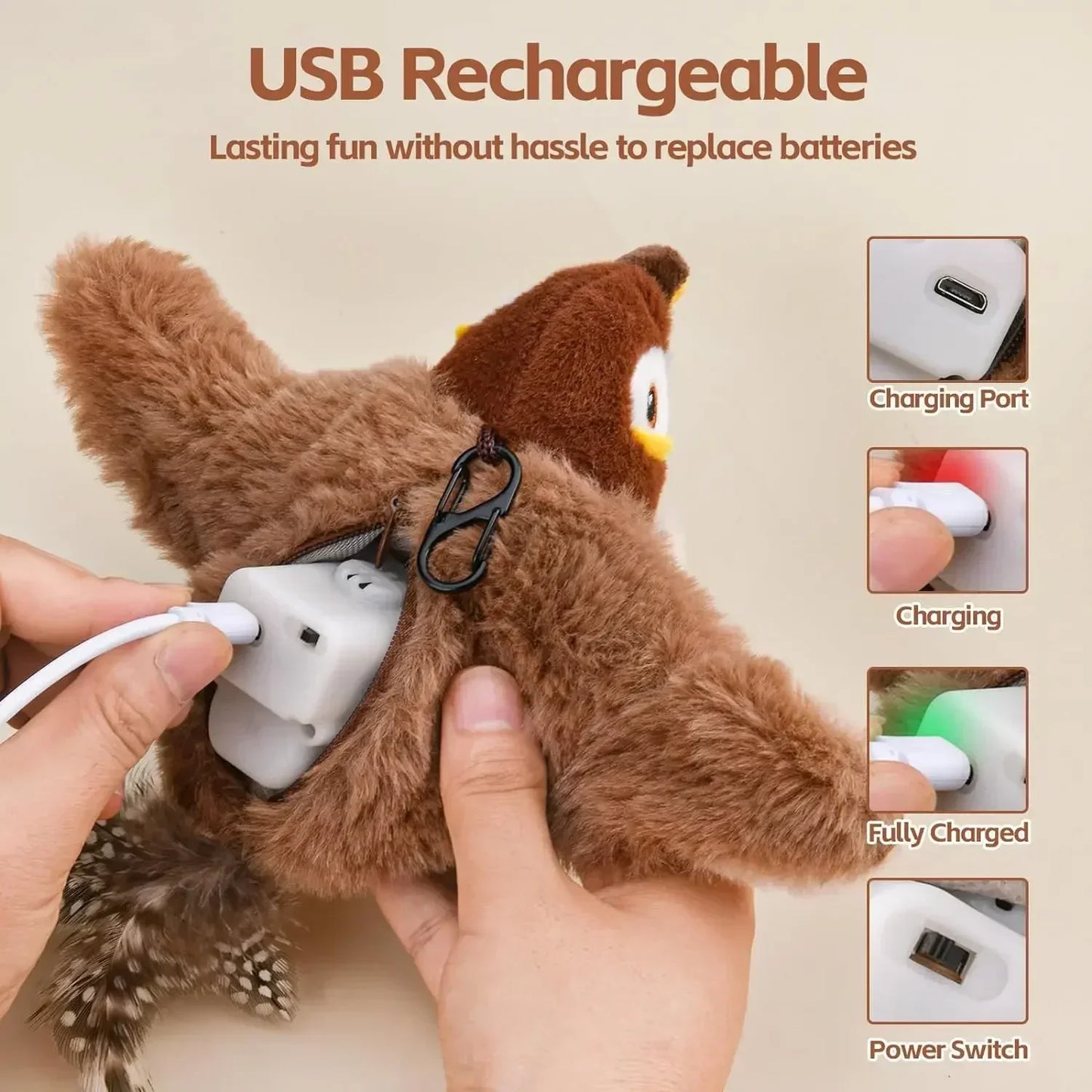Bird-Shaped Cat Toy Interactive Toys Rechargeable Chirping Flapping Bird Catnip Touch Activated Squeak Plush Toy Pet