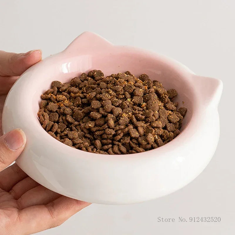 Creative Ceramic Flat Bottomed Cat Ear Shape Food Bowl Dining Plate Anti Overturning Pet Supplies Drinking Bowl 1Pc