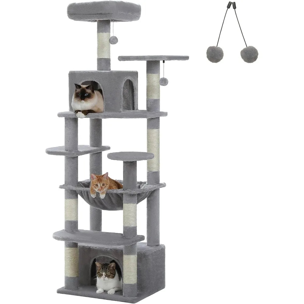 64.5-inch Cat Tree for Indoor Cats, Plush Multi-Level Cat Tower with 7 Scratching Posts, 2 Top Perches, 2 Cozy Condos, Large Met