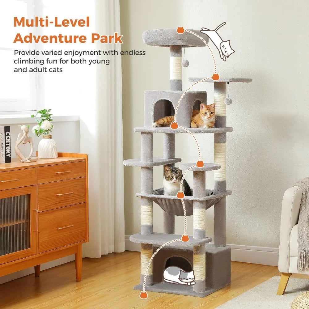 64.5-inch Cat Tree for Indoor Cats, Plush Multi-Level Cat Tower with 7 Scratching Posts, 2 Top Perches, 2 Cozy Condos, Large Met