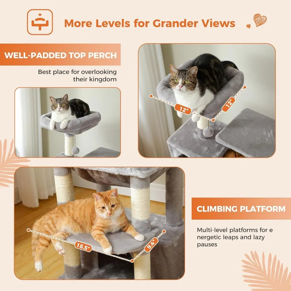 64.5-inch Cat Tree for Indoor Cats, Plush Multi-Level Cat Tower with 7 Scratching Posts, 2 Top Perches, 2 Cozy Condos, Large Met