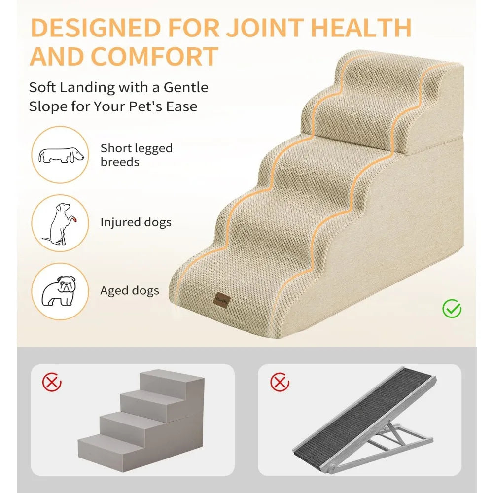 Made4Pets Dog Stairs Ramp for High Bed, 5-Step Pet Stairs for Bed Couch Sofa Climbing, 35D Foam Pet Steps for Small Dogs and Cat