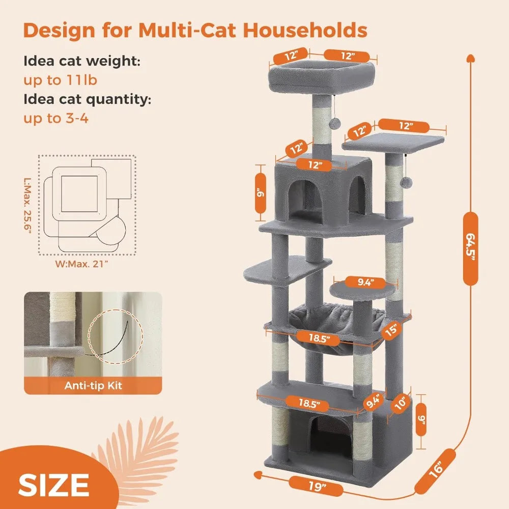 64.5-inch Cat Tree for Indoor Cats, Plush Multi-Level Cat Tower with 7 Scratching Posts, 2 Top Perches, 2 Cozy Condos, Large Met