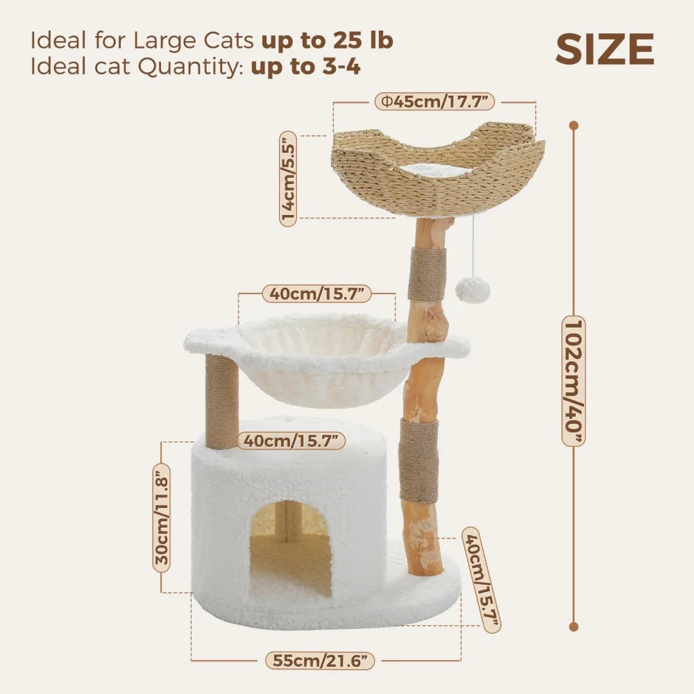 PAWZ Road Modern Cat Tree with Natural Solid Wood Scratching Post, 40 Inches Cat Tower with Spacious Wicker Basket,Large Hammock