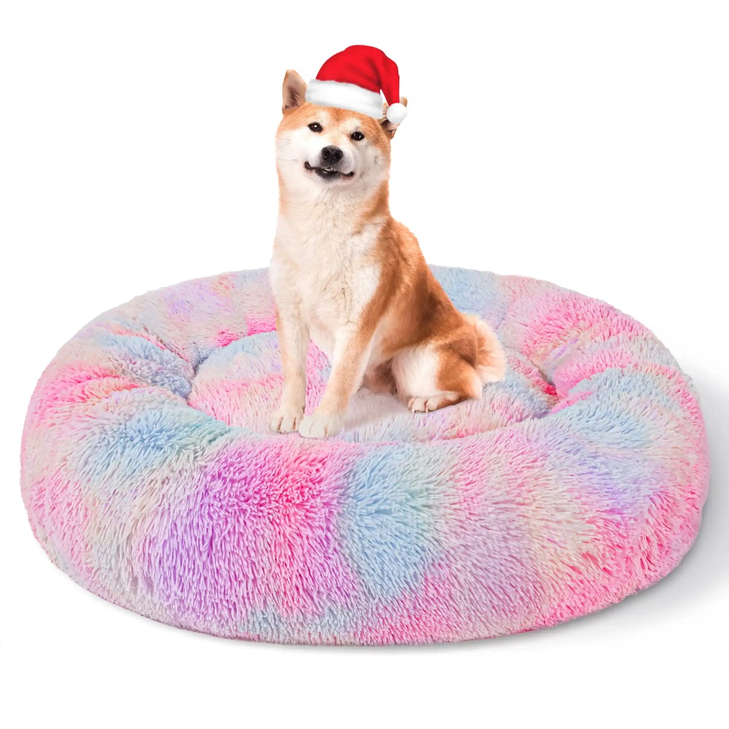 Calming Donut Pet Bed for Large Dogs 36", Anti-Anxiety Plush Cozy Warming Dog Bed, Pink Rainbow