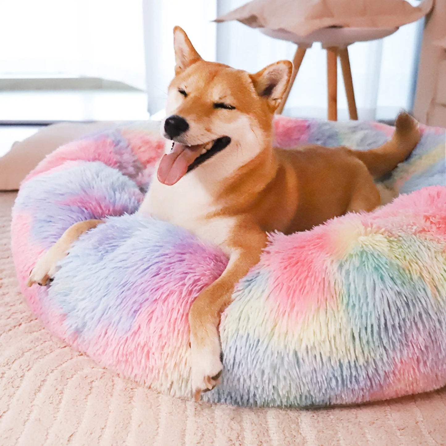 Calming Donut Pet Bed for Large Dogs 36", Anti-Anxiety Plush Cozy Warming Dog Bed, Pink Rainbow