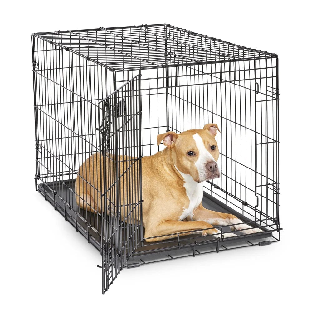 Enhanced Metal Dog Crate Folding Puppy Cage Safe Secure Locking Door with Divider Leak Proof Pan Portable Medium Dogs