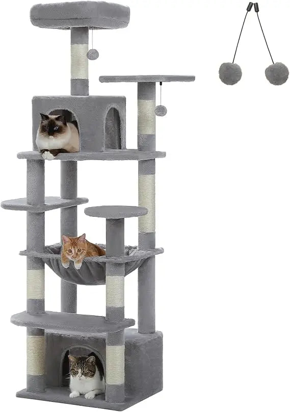 64.5-inch Cat Tree for Indoor Cats, Plush Multi-Level Cat Tower with 7 Scratching Posts, 2 Top Perches, 2 Cozy Condos, Large Met