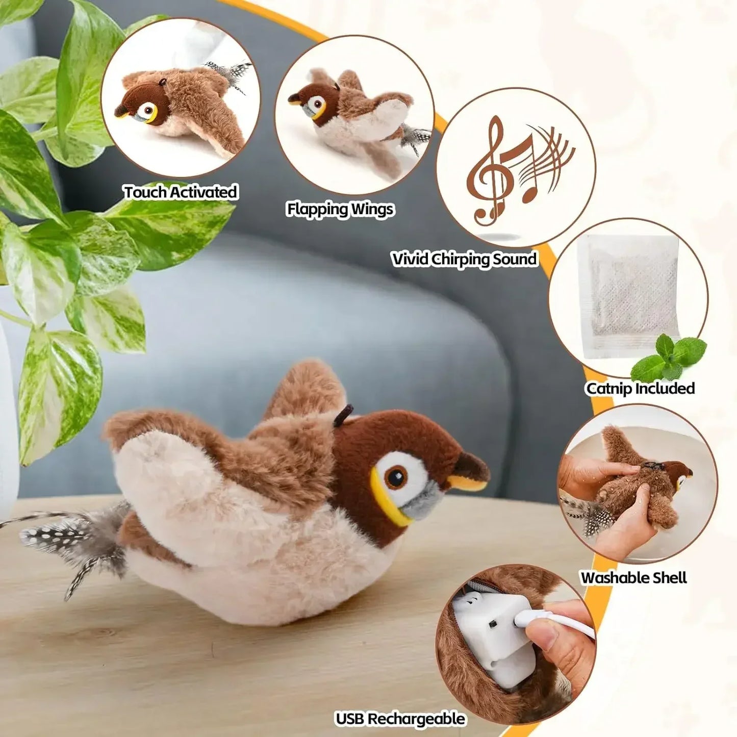 Bird-Shaped Cat Toy Interactive Toys Rechargeable Chirping Flapping Bird Catnip Touch Activated Squeak Plush Toy Pet