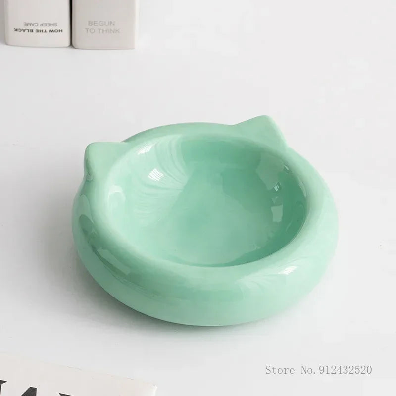 Creative Ceramic Flat Bottomed Cat Ear Shape Food Bowl Dining Plate Anti Overturning Pet Supplies Drinking Bowl 1Pc