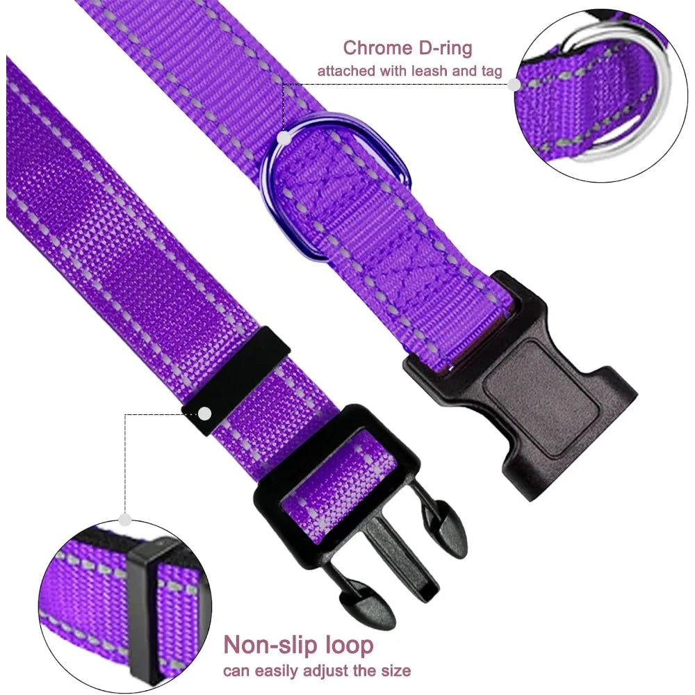 Purple Dog Collar, Reflective Pet Collar with Buckle Adjustable Safety Nylon Collars for Small Medium Large Dogs, XS