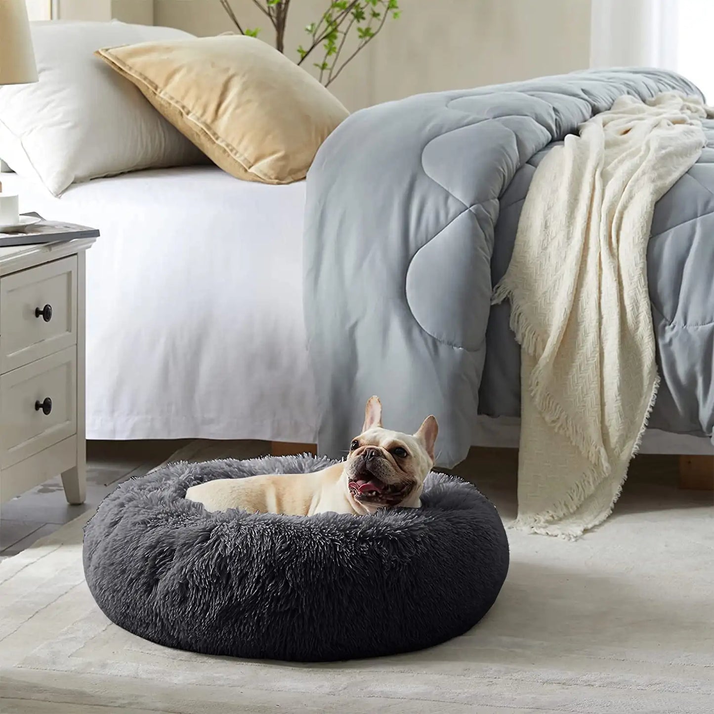 Calming Donut Dog Bed Anti-Anxiety, Self Warming, Cozy Soft Plush Round Pet Bed, Ideal for Both Home & Travel, 27"L x 27"W x 8"H