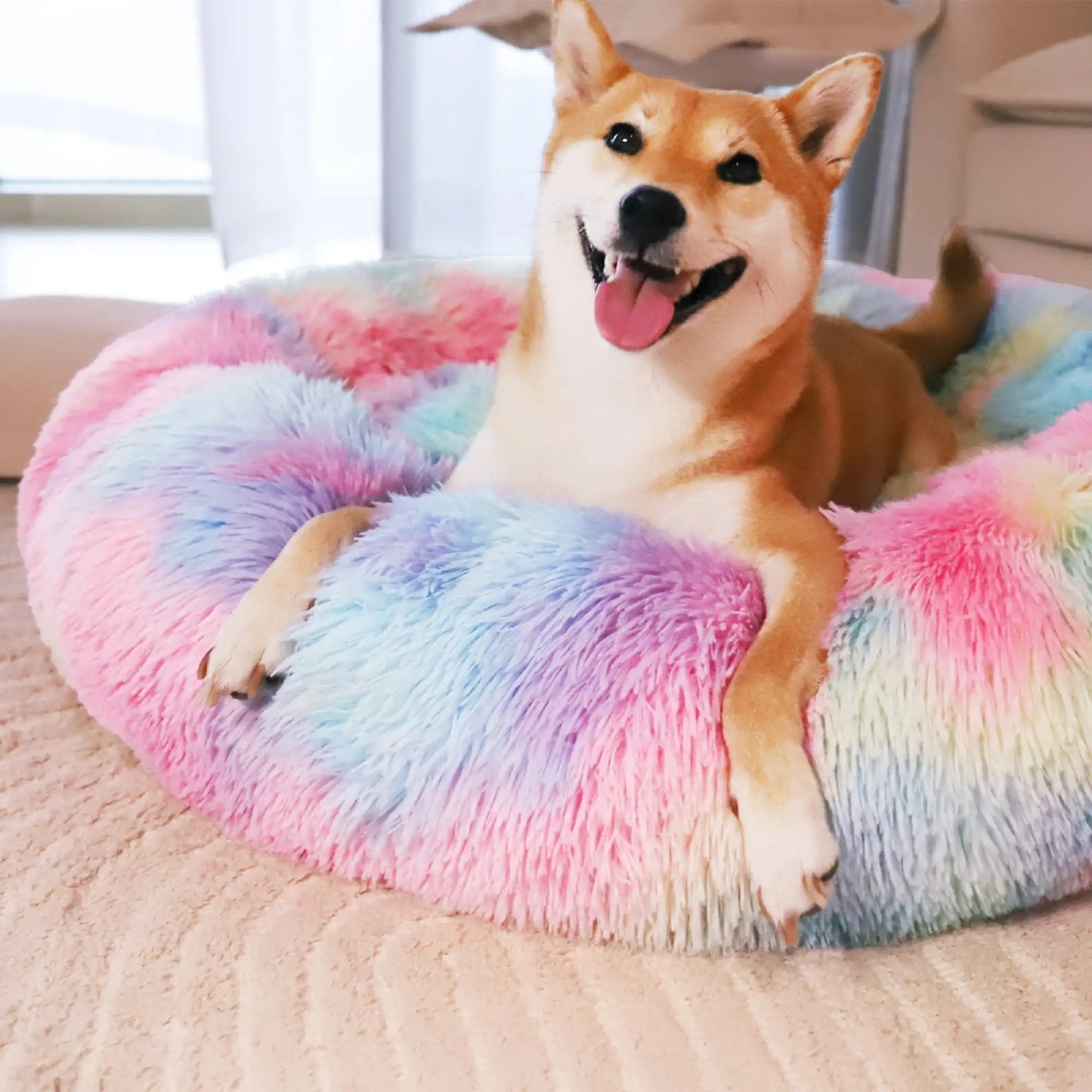 Calming Donut Pet Bed for Large Dogs 36", Anti-Anxiety Plush Cozy Warming Dog Bed, Pink Rainbow