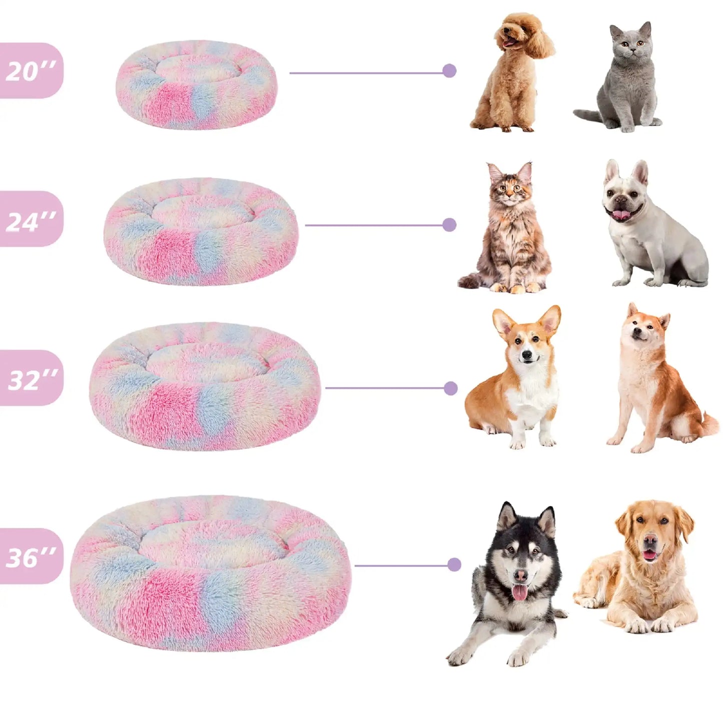 Calming Donut Pet Bed for Large Dogs 36", Anti-Anxiety Plush Cozy Warming Dog Bed, Pink Rainbow
