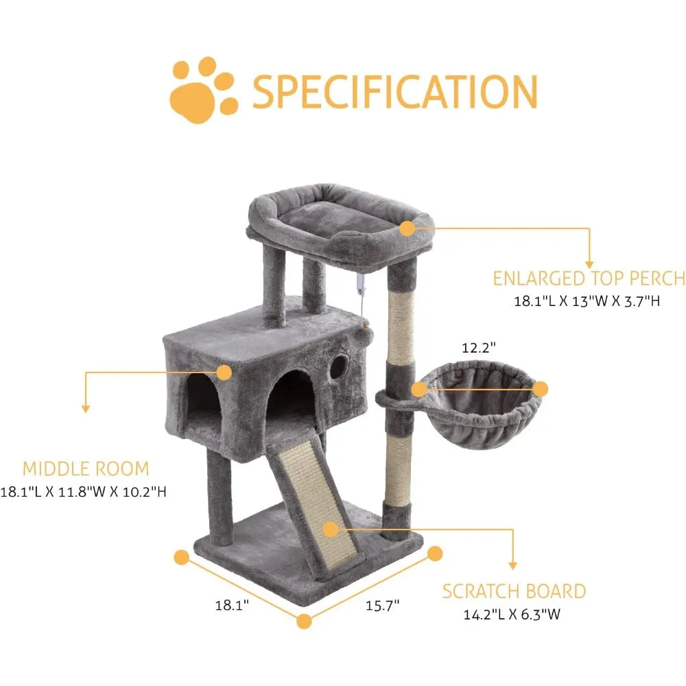 SHA CERLIN Cat Tree 36 Inches Cat Tower with Hammock, Sisal Scratching Post for Indoor Kittens, Small Room, Grey
