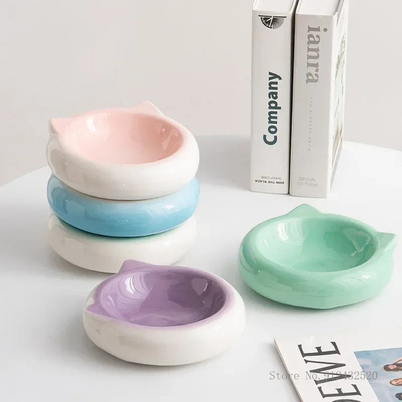 Creative Ceramic Flat Bottomed Cat Ear Shape Food Bowl Dining Plate Anti Overturning Pet Supplies Drinking Bowl 1Pc