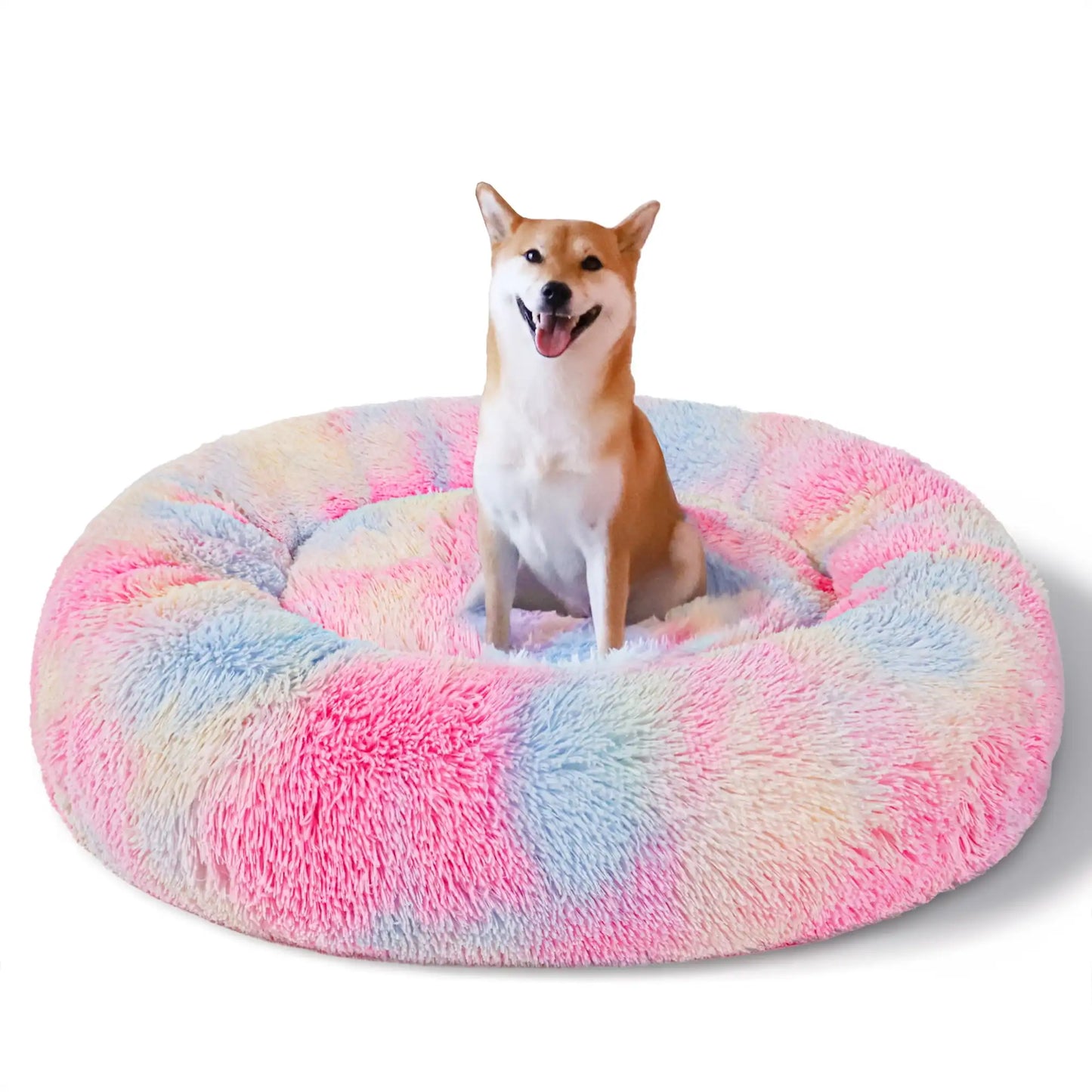 Calming Donut Pet Bed for Large Dogs 36", Anti-Anxiety Plush Cozy Warming Dog Bed, Pink Rainbow