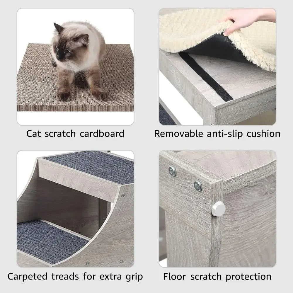 A Pet Bunk Bed with Removable Step for Dogs and Cats, MultiLevel Bed Window Perch Seat Platform with Cushion and Cat Scrat