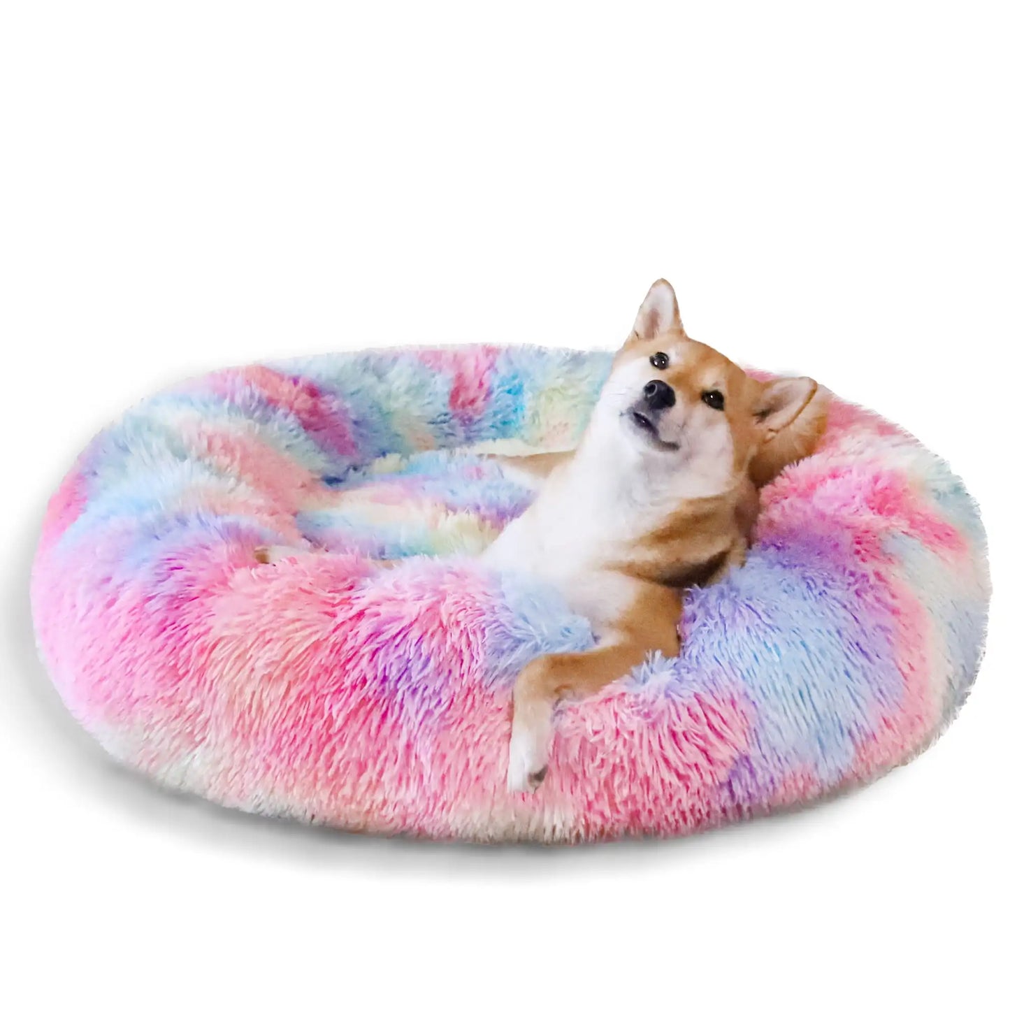 Calming Donut Pet Bed for Large Dogs 36", Anti-Anxiety Plush Cozy Warming Dog Bed, Pink Rainbow
