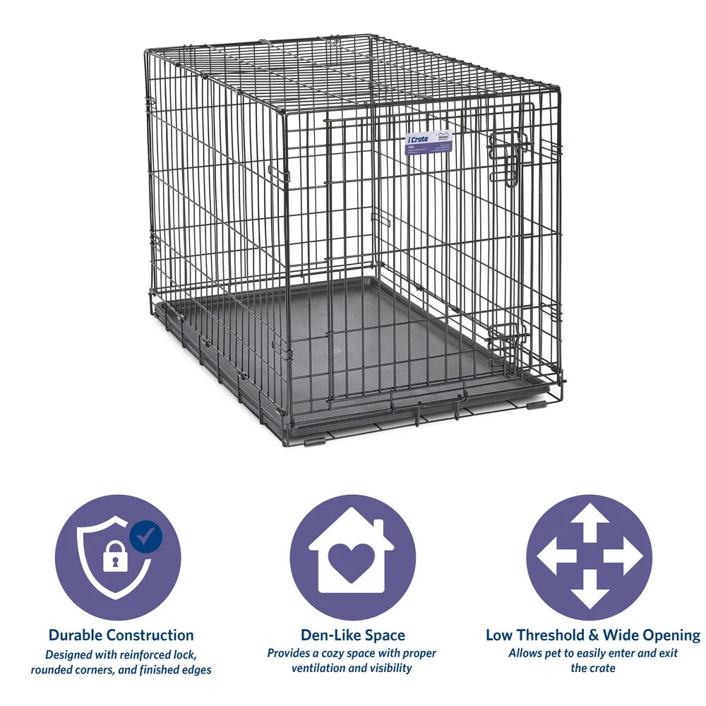 Enhanced Metal Dog Crate Folding Puppy Cage Safe Secure Locking Door with Divider Leak Proof Pan Portable Medium Dogs