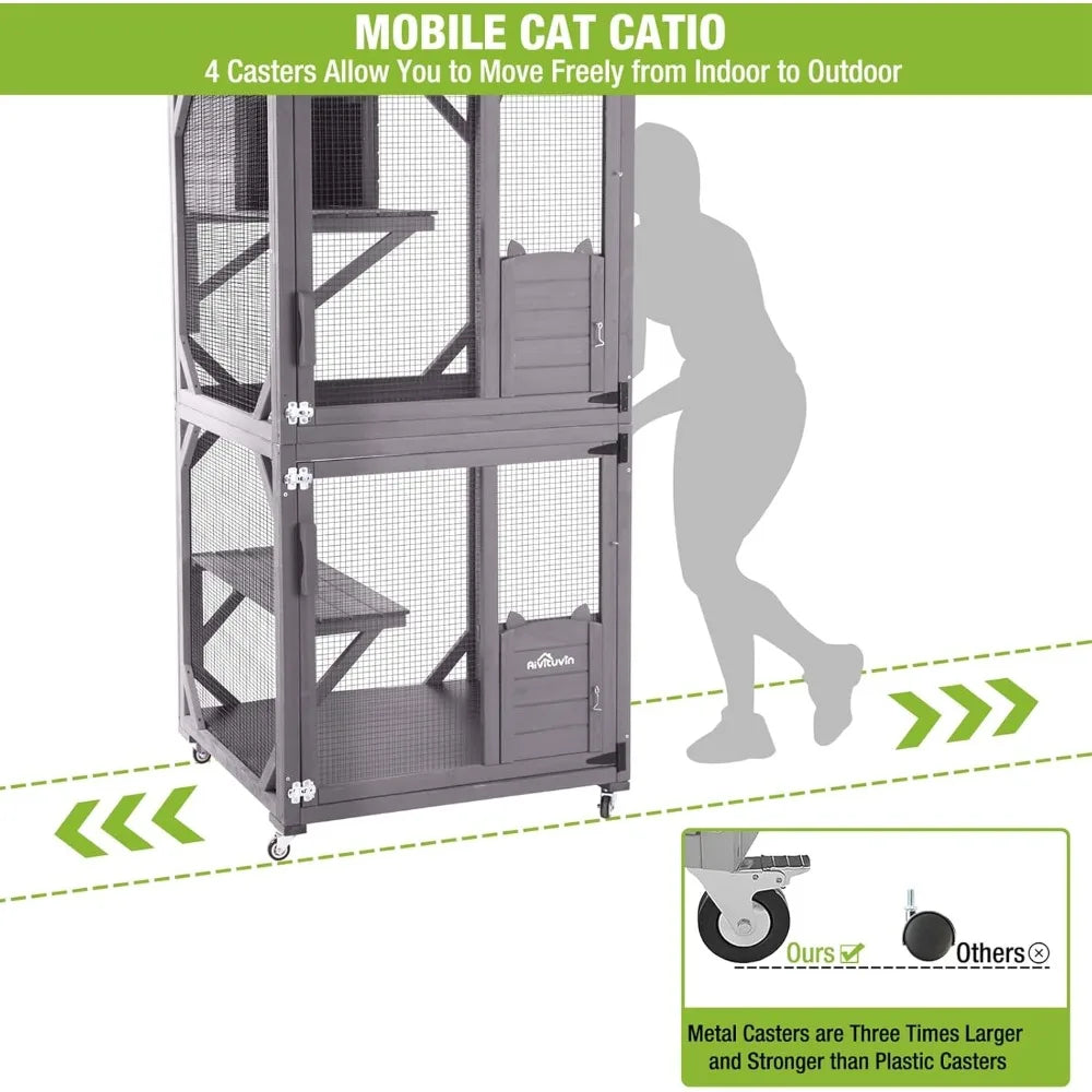 Cat House Mobile Catio for Outdoor Enclosure with Waterproof Roof Feral Cat Cage On Wheels,Bird Cage with Upgraded Resting Box,