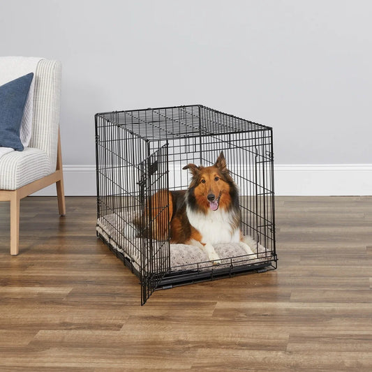 Enhanced Metal Dog Crate Folding Puppy Cage Safe Secure Locking Door with Divider Leak Proof Pan Portable Medium Dogs