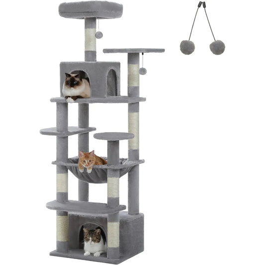 64.5-inch Cat Tree for Indoor Cats, Plush Multi-Level Cat Tower with 7 Scratching Posts, 2 Top Perches, 2 Cozy Condos, Large Met