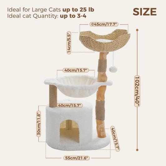 PAWZ Road Modern Cat Tree with Natural Solid Wood Scratching Post, 40 Inches Cat Tower with Spacious Wicker Basket,Large Hammock