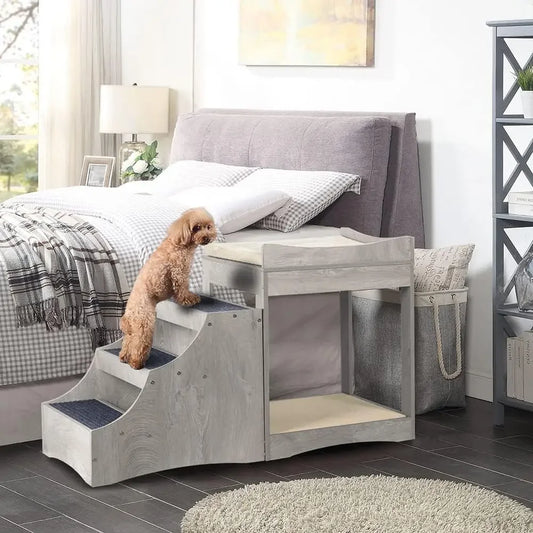 A Pet Bunk Bed with Removable Step for Dogs and Cats, MultiLevel Bed Window Perch Seat Platform with Cushion and Cat Scrat