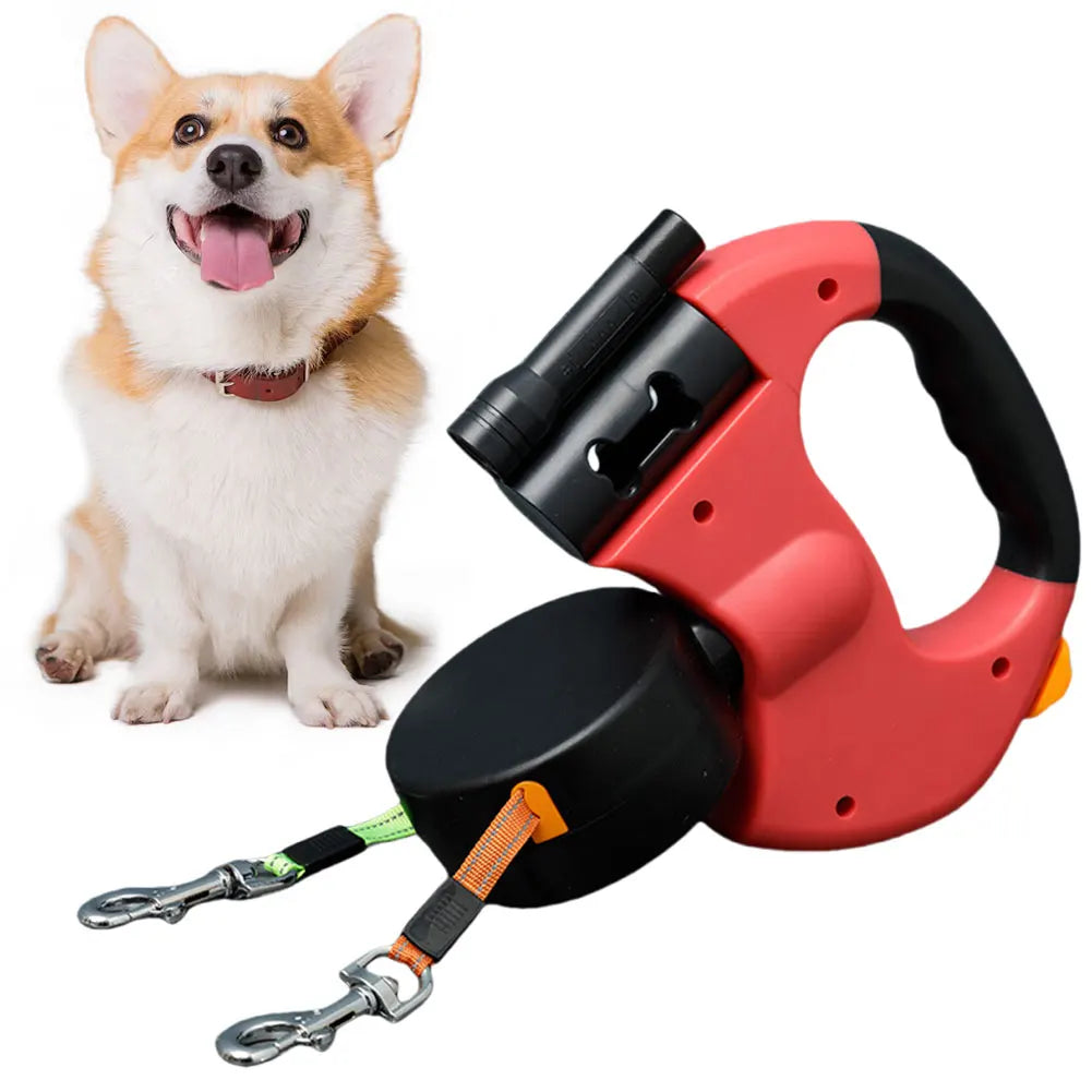 Double Headed Dog Leash Dog Walking Leash 360 Degree Swivel Dual Pet Leash with LED Light Retractable Dog Leash for 2 Dogs
