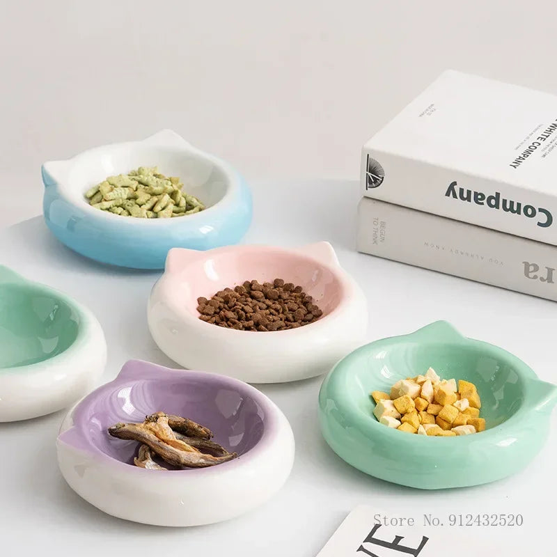 Creative Ceramic Flat Bottomed Cat Ear Shape Food Bowl  Dining Plate Anti Overturning  Pet Supplies Drinking Bowl  1Pc