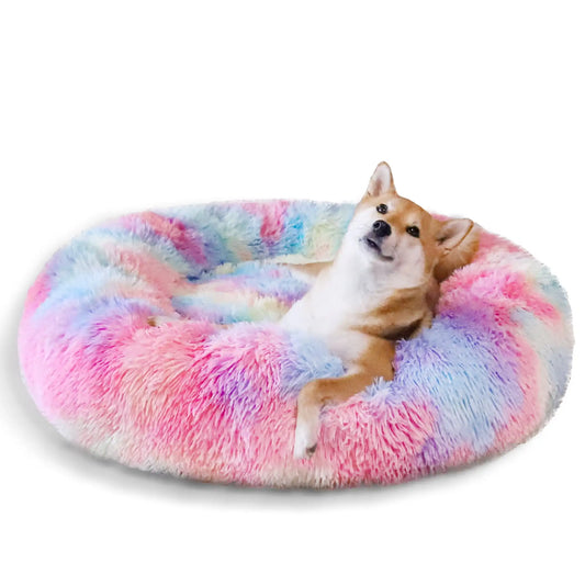 Calming Donut Pet Bed for Large Dogs 36", Anti-Anxiety Plush Cozy Warming Dog Bed, Pink Rainbow